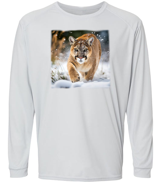 135 LM Cougar walking in Snow Long Sleeve UPF50+ Shirt