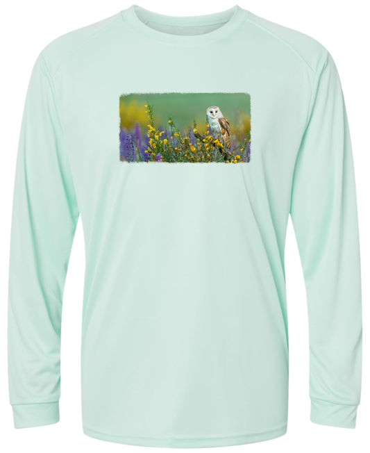 14 LW Owl in Field of Flowers Long Sleeve UPF 50+ Shirt Gardening Shirt Lake Shirt Outdoor Shirt Casual Shirt